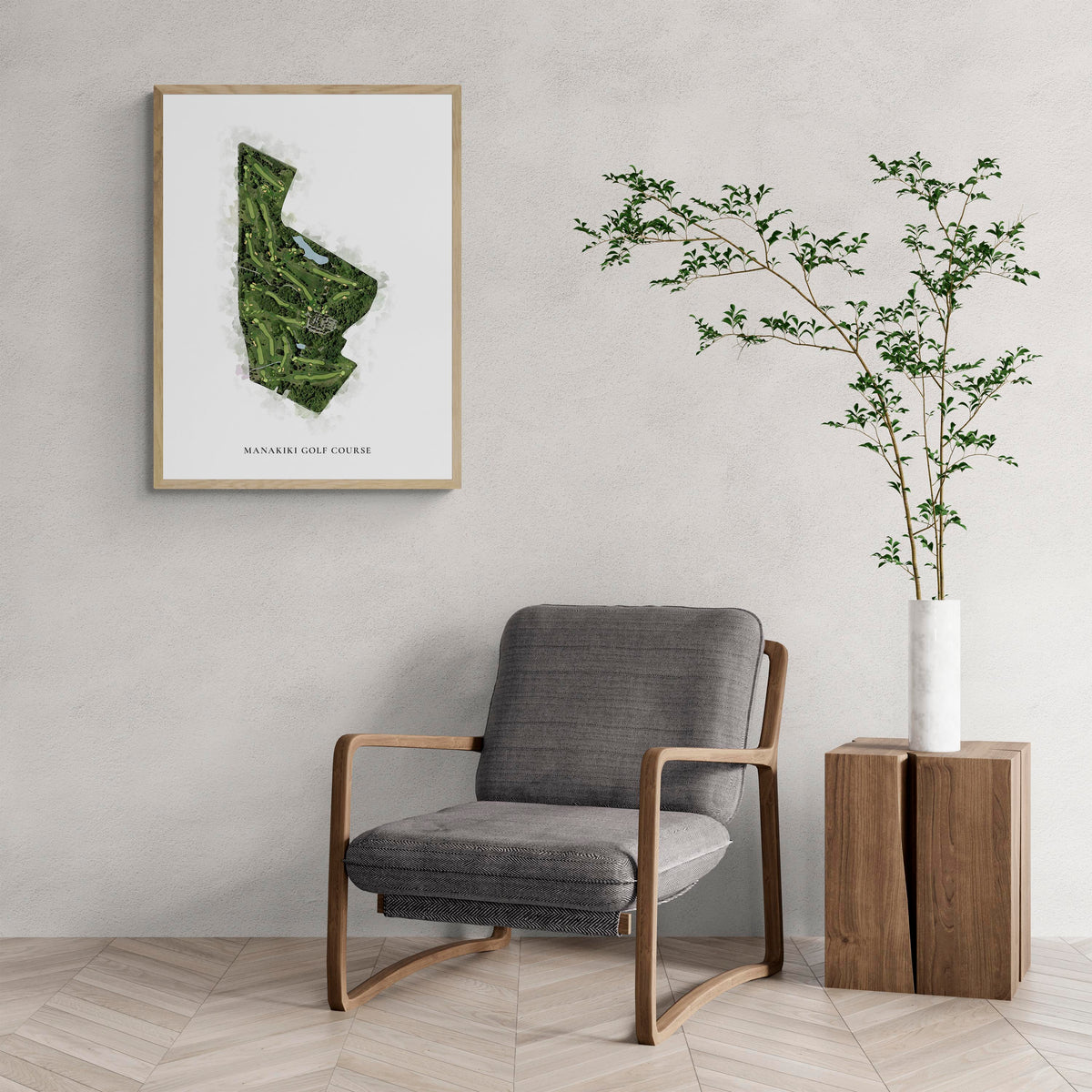 Classic Map of Manakiki Golf Course with a comfy armchair and large plant
