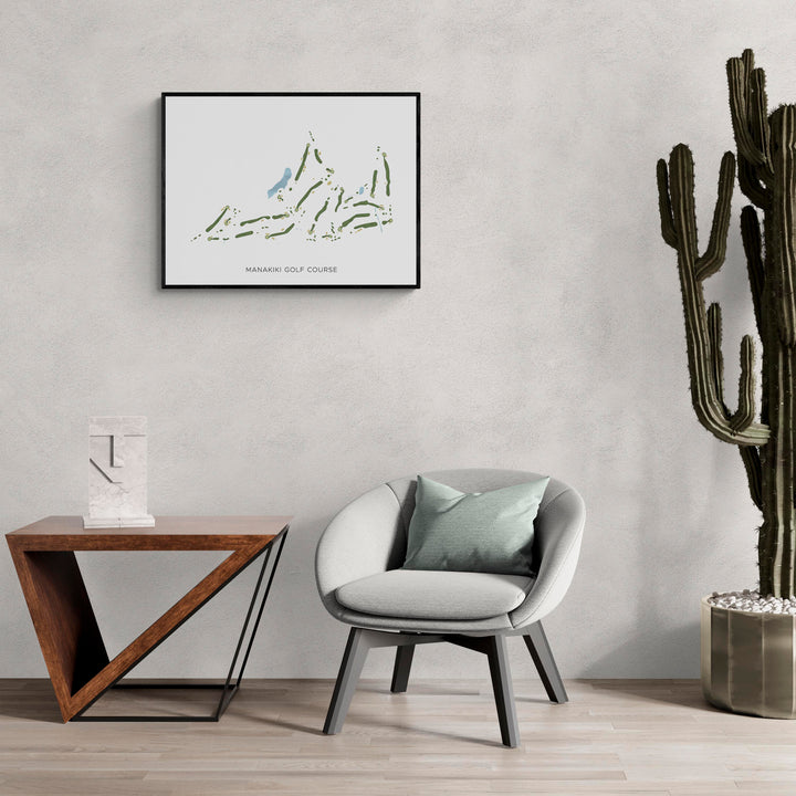 Modern Map of Manakiki Golf Course in a living room with large cactus plant