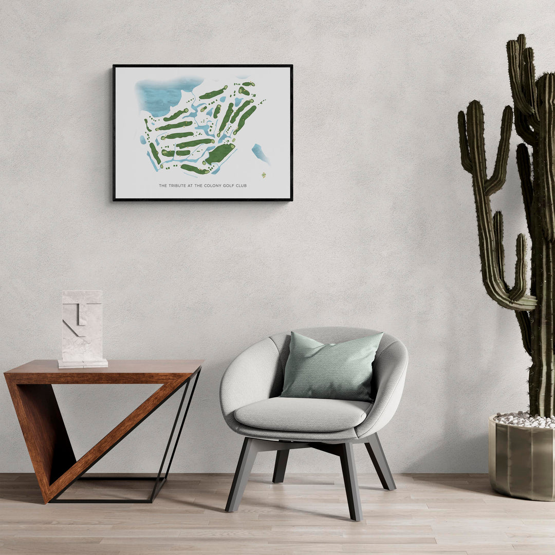 Modern Map of The Tribute At The Colony Golf Club in a living room with large cactus plant