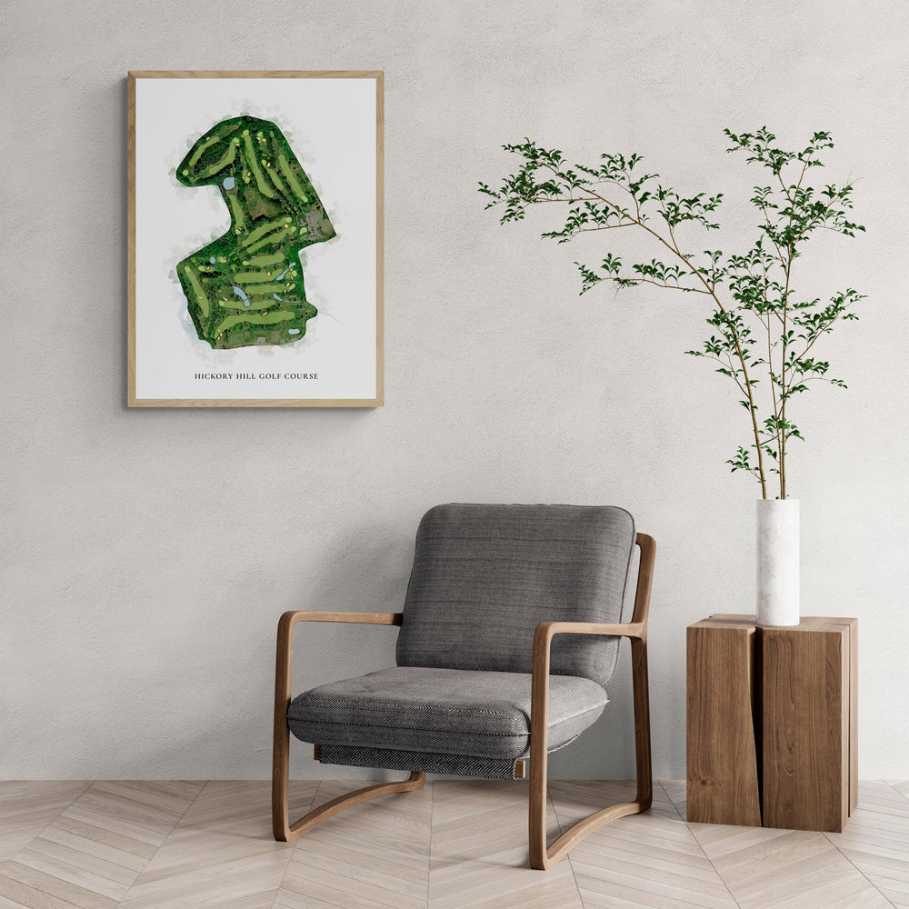 Classic Map of Hickory Hill Golf Course with a comfy armchair and large plant