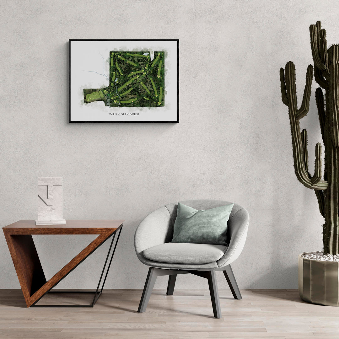 Classic Map of Emeis Golf Course in a living room with large cactus plant