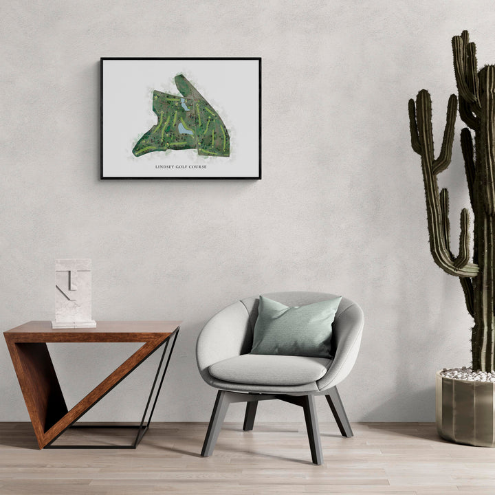 Classic Map of Lindsey Golf Course in a living room with large cactus plant