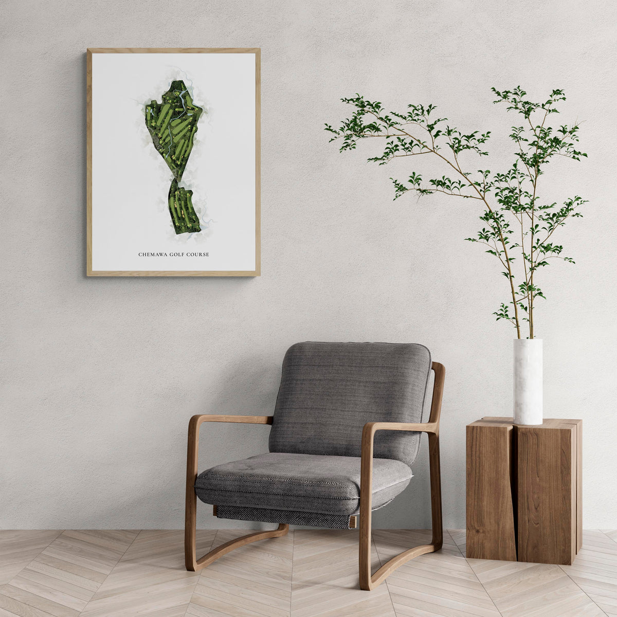 Classic Map of Chemawa Golf Course with a comfy armchair and large plant