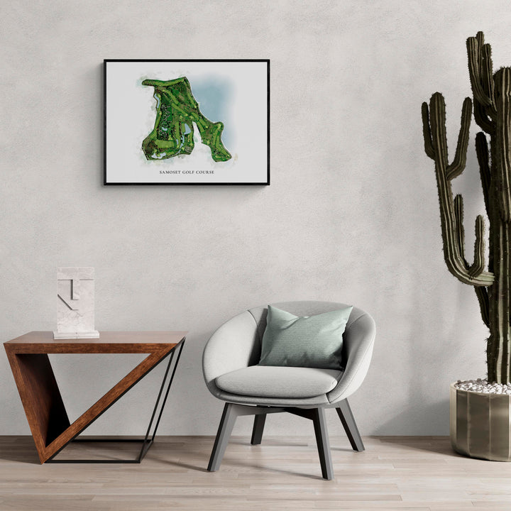 Classic Map of Samoset Golf Course in a living room with large cactus plant