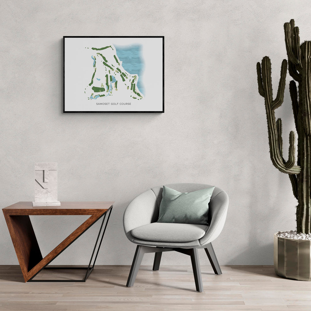 Modern Map of Samoset Golf Course in a living room with large cactus plant