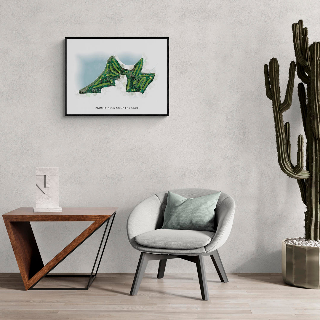 Classic Map of Prouts Neck Country Club in a living room with large cactus plant