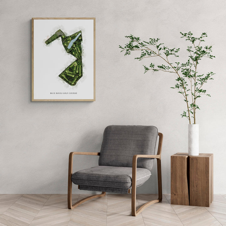 Classic Map of Blue Rock Golf Course with a comfy armchair and large plant