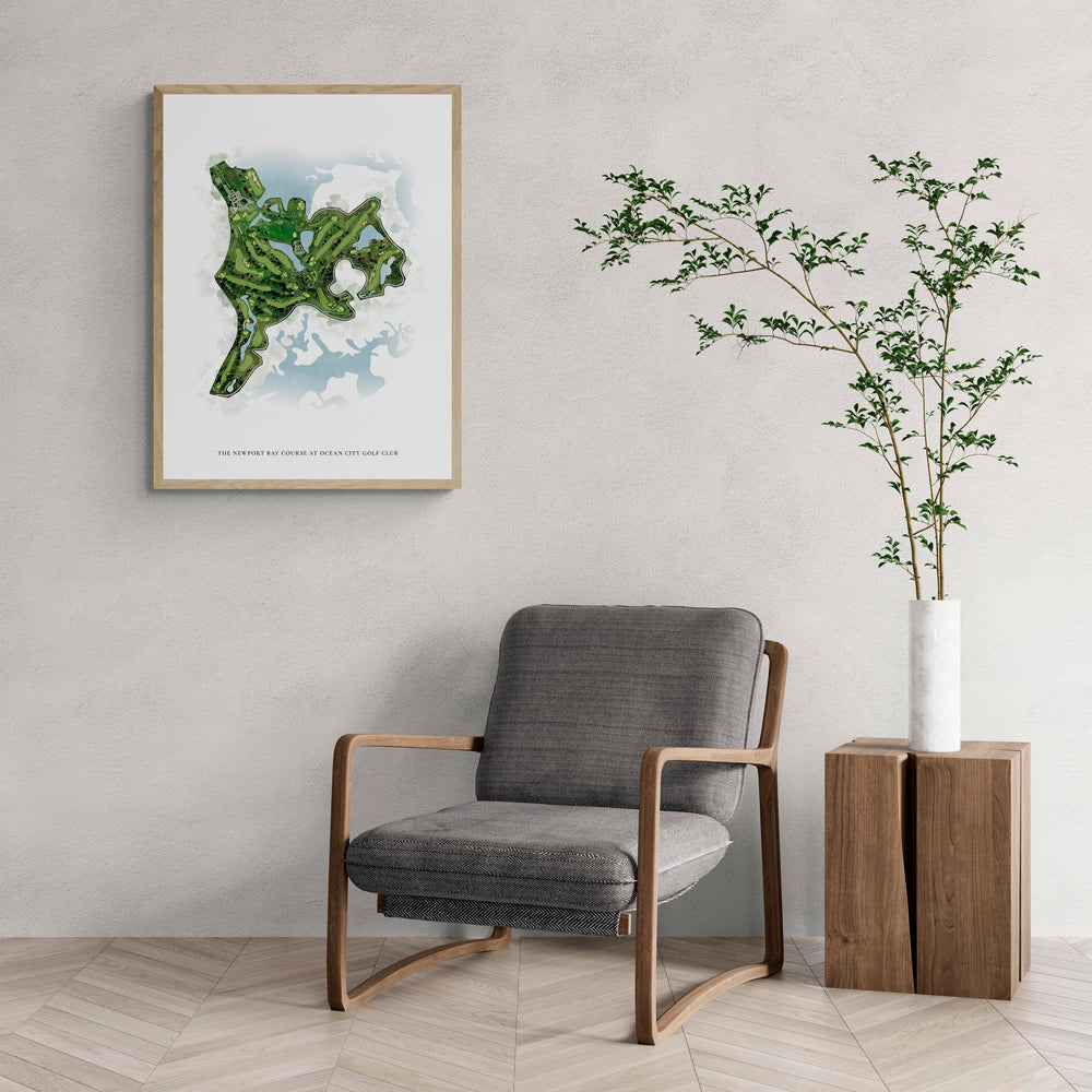 Classic Map of The Newport Bay Course At Ocean City Golf Club with a comfy armchair and large plant