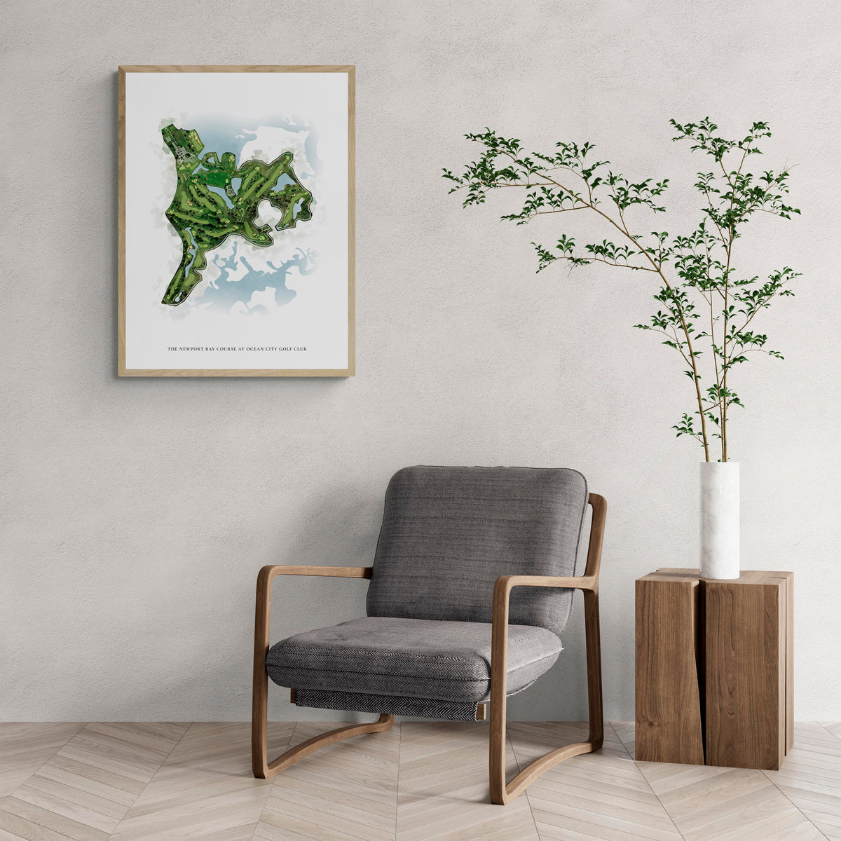Classic Map of The Newport Bay Course At Ocean City Golf Club with a comfy armchair and large plant