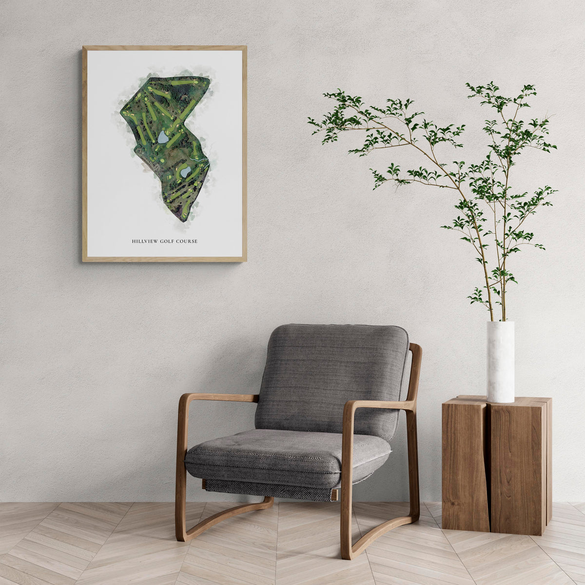 Classic Map of Hillview Golf Course with a comfy armchair and large plant