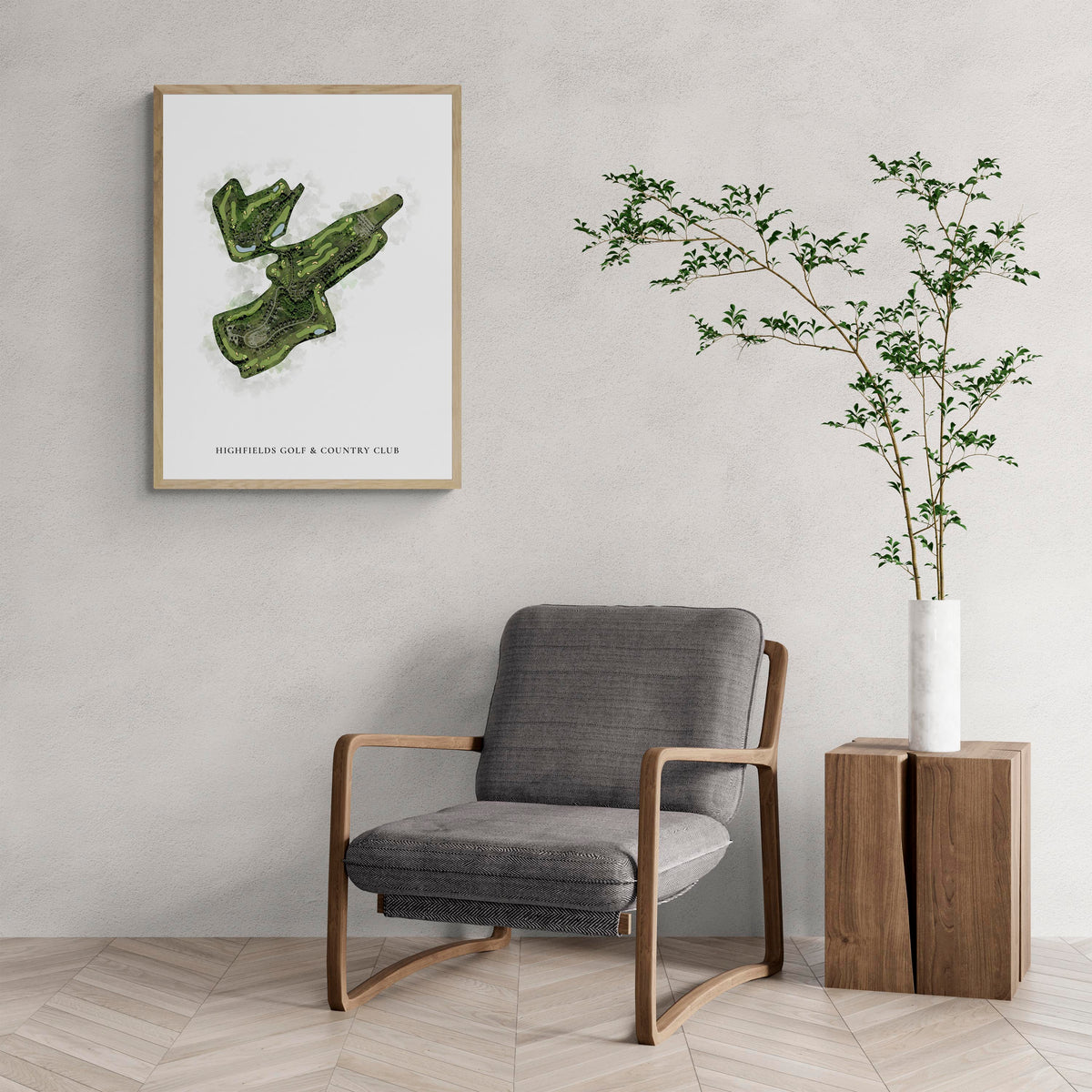 Classic Map of Highfields Golf & Country Club with a comfy armchair and large plant