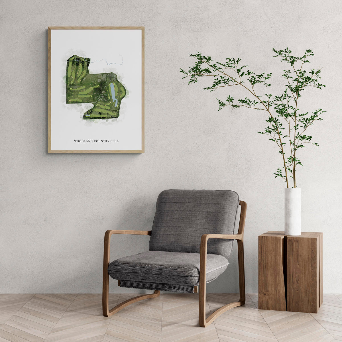 Classic Map of Woodland Country Club with a comfy armchair and large plant