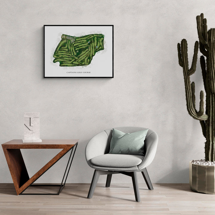 Classic Map of Captains Golf Course in a living room with large cactus plant