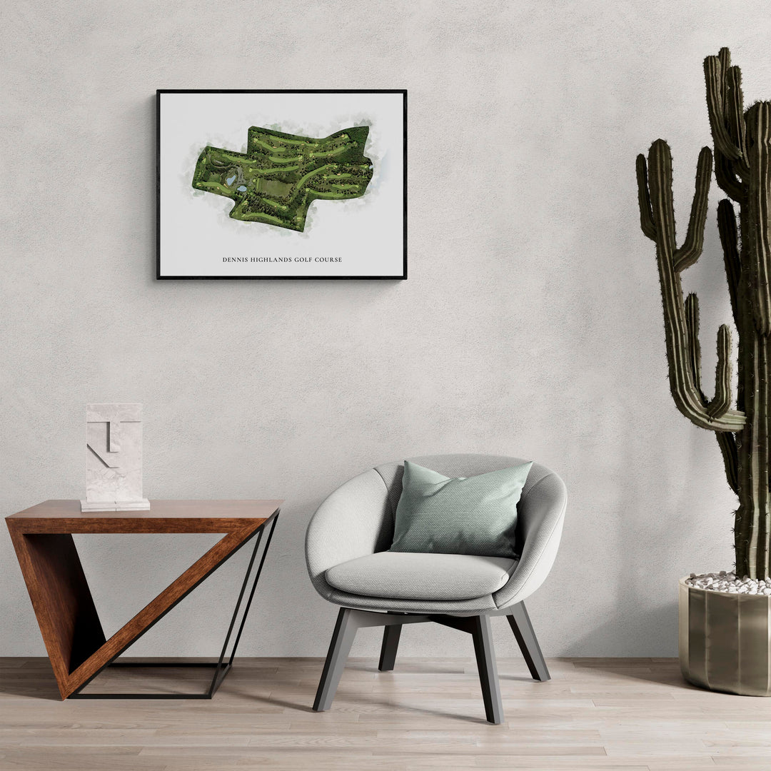 Classic Map of Dennis Highlands Golf Course in a living room with large cactus plant