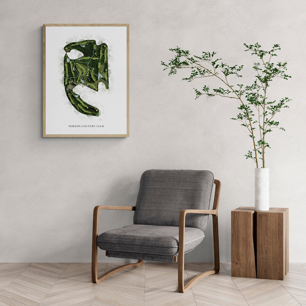 Classic Map of Norton Country Club with a comfy armchair and large plant