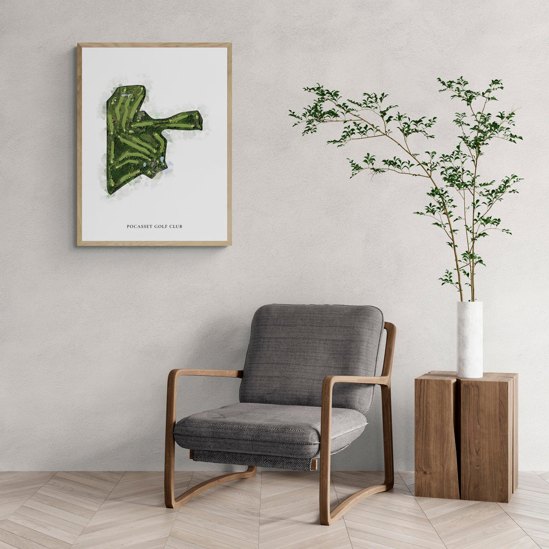 Classic Map of Pocasset Golf Club with a comfy armchair and large plant