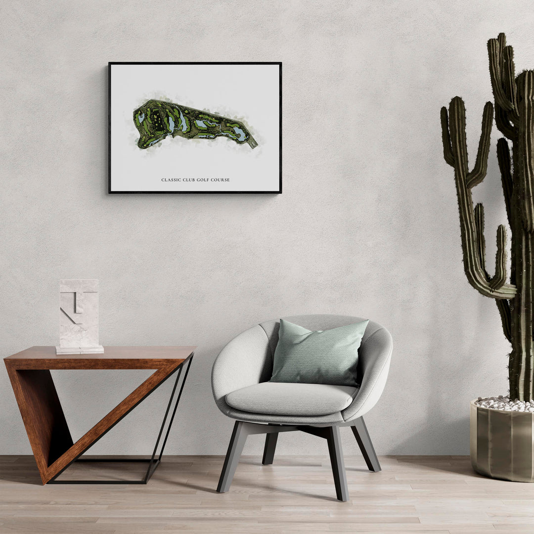 Classic Map of Classic Club Golf Course in a living room with large cactus plant