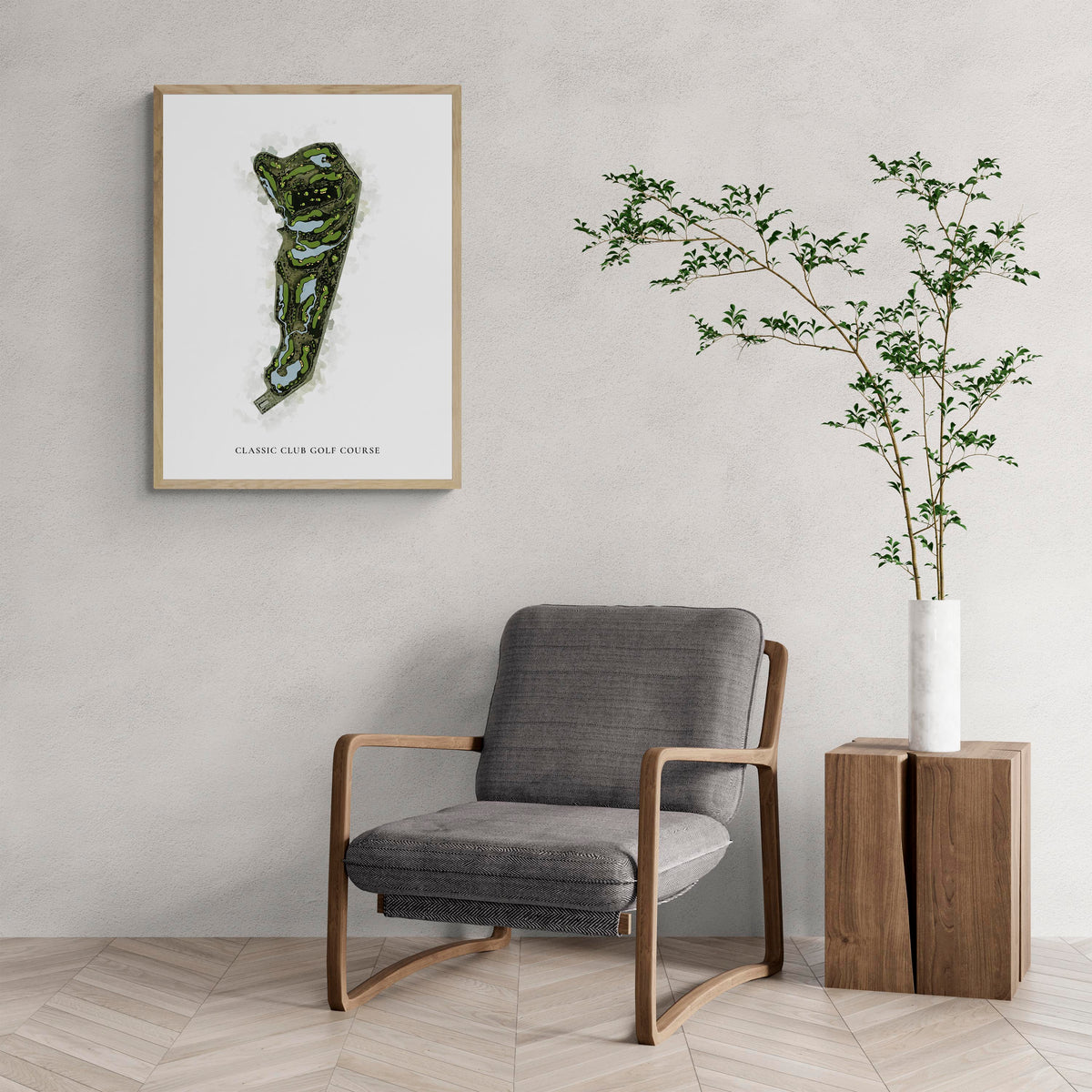 Classic Map of Classic Club Golf Course with a comfy armchair and large plant