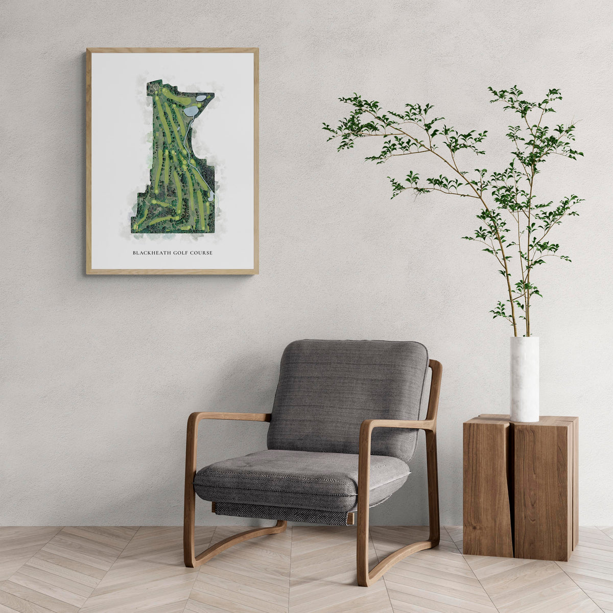 Classic Map of Blackheath Golf Course with a comfy armchair and large plant