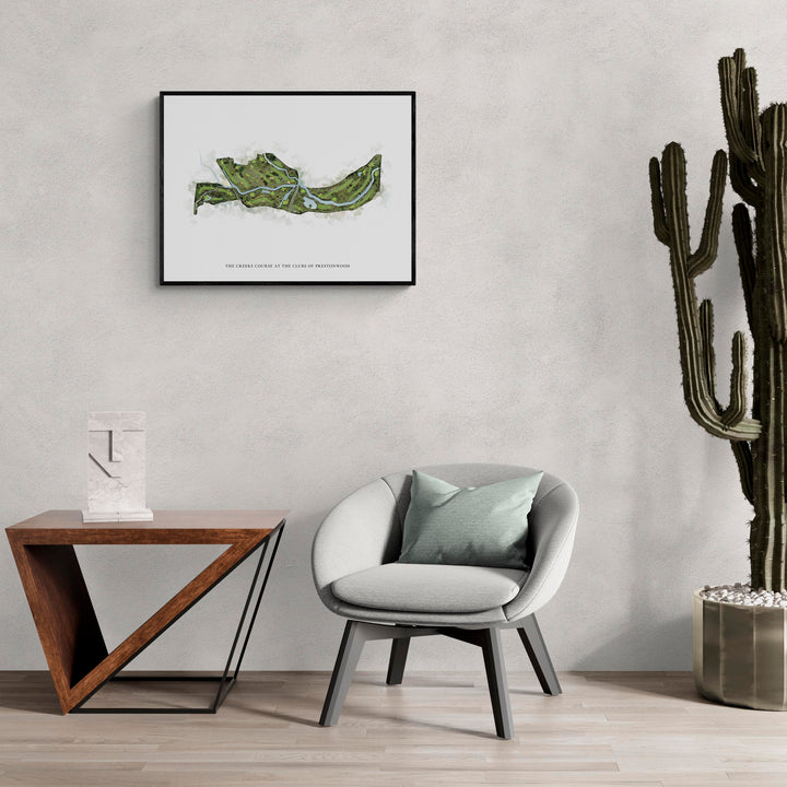 Classic Map of The Creeks Course At The Clubs Of Prestonwood in a living room with large cactus plant