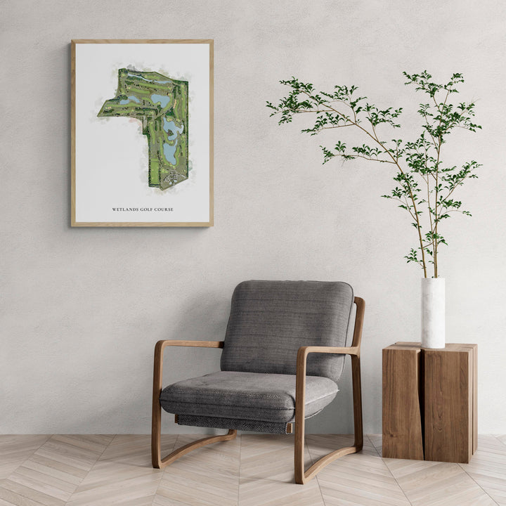 Classic Map of Wetlands Golf Course with a comfy armchair and large plant