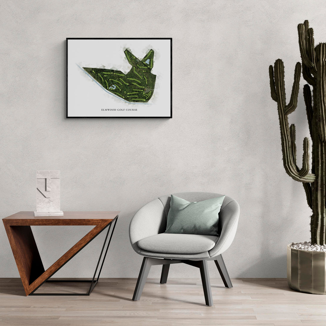 Classic Map of Elmwood Golf Course in a living room with large cactus plant