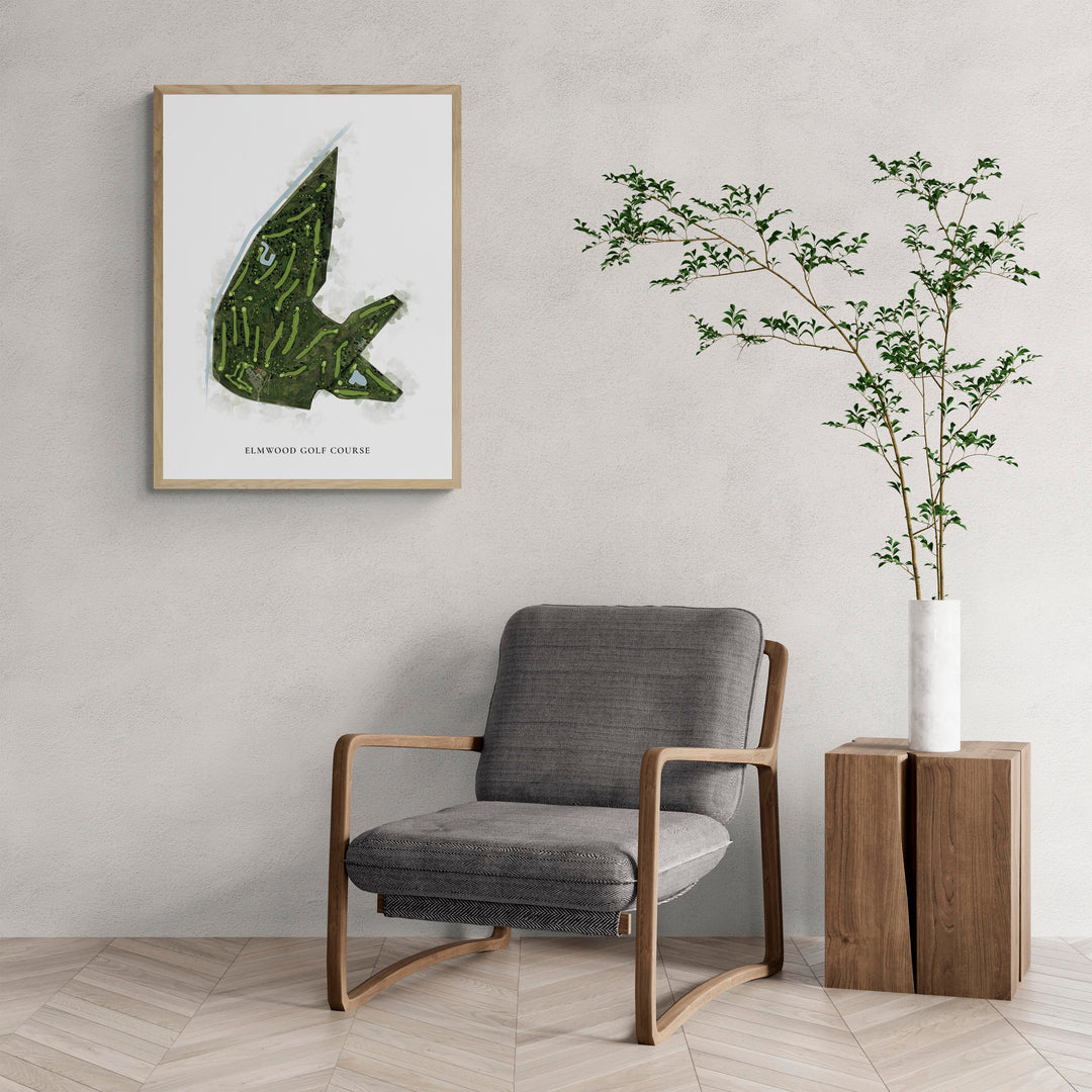 Classic Map of Elmwood Golf Course with a comfy armchair and large plant