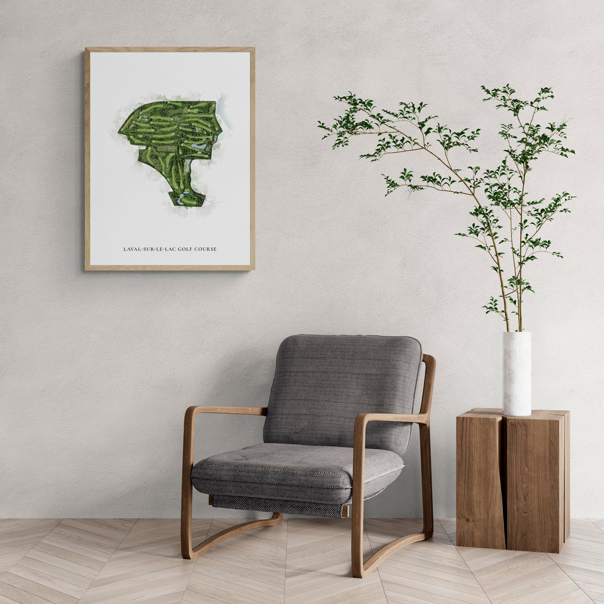 Classic Map of Laval-Sur-Le-Lac Golf Course with a comfy armchair and large plant