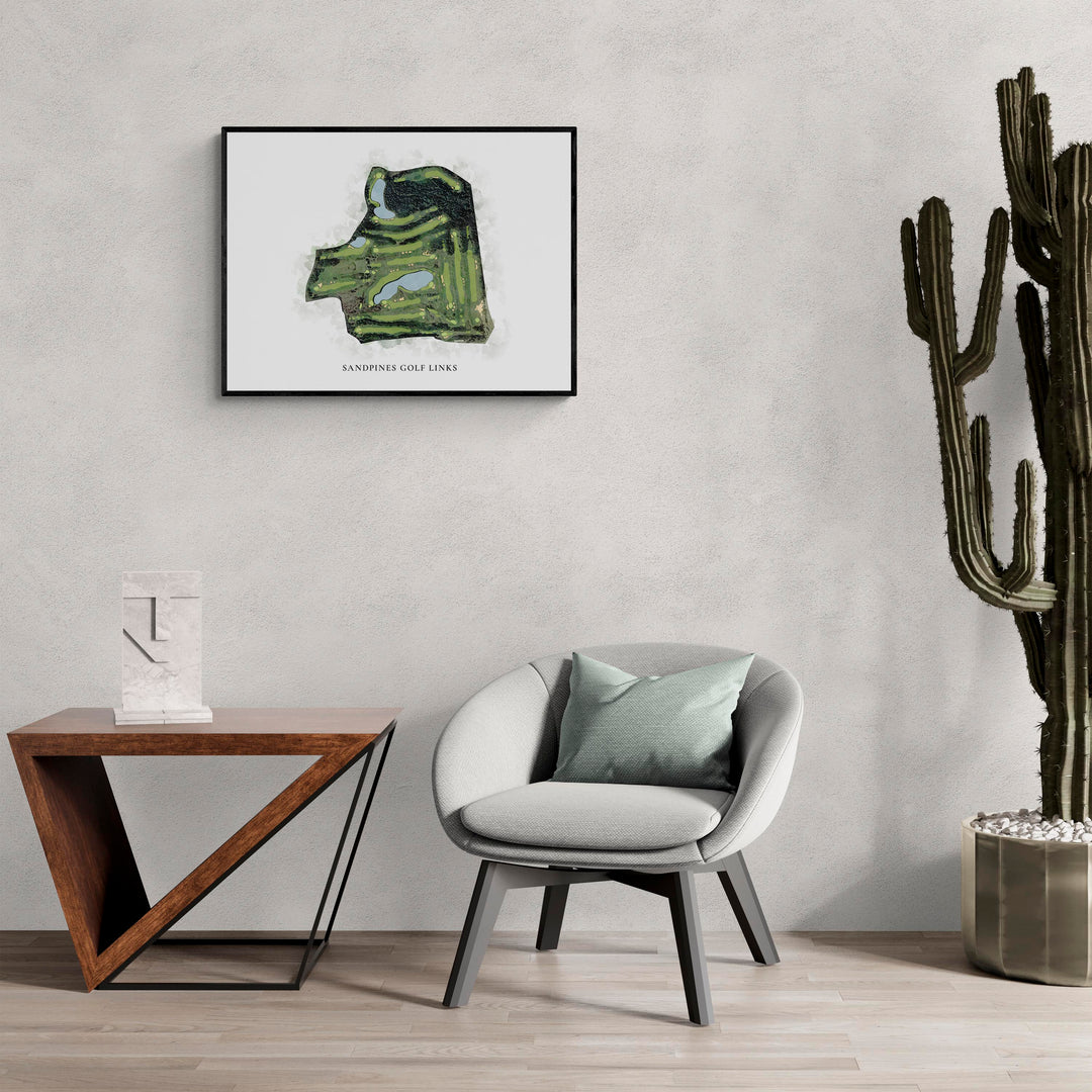 Classic Map of Sandpines Golf Links in a living room with large cactus plant