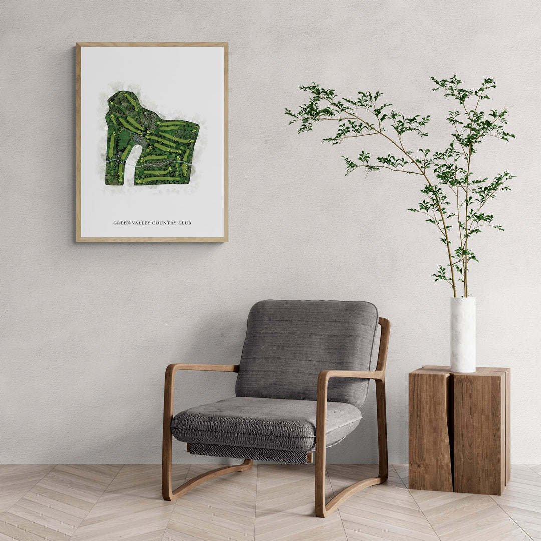 Classic Map of Green Valley Country Club with a comfy armchair and large plant