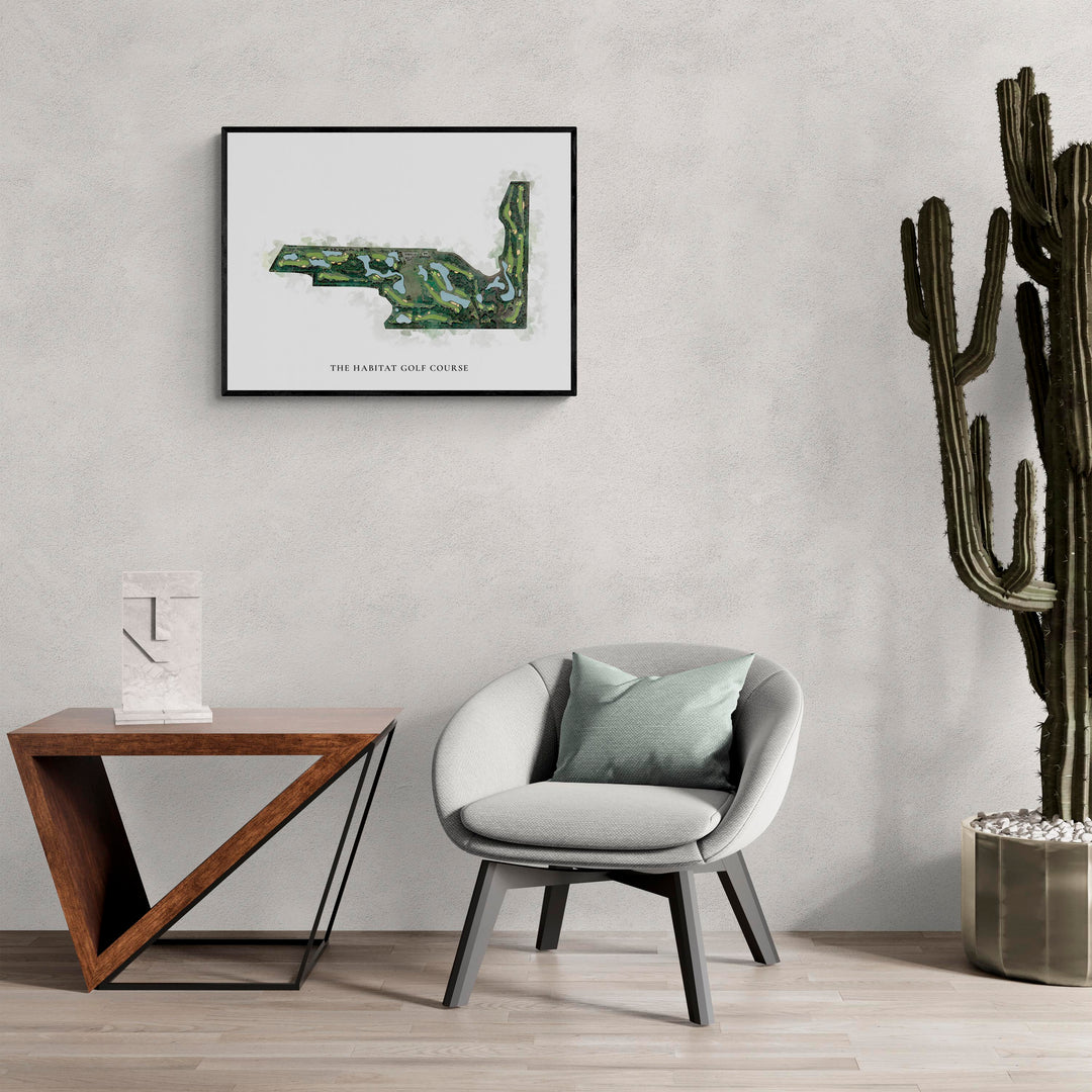 Classic Map of The Habitat Golf Course in a living room with large cactus plant