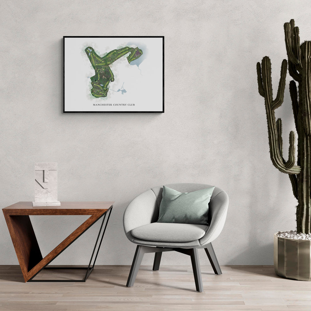 Classic Map of Manchester Country Club in a living room with large cactus plant