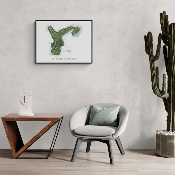 Classic Map of Manchester Country Club in a living room with large cactus plant