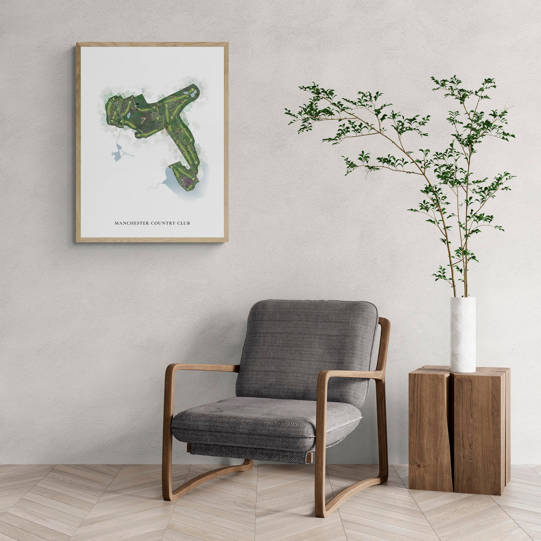 Classic Map of Manchester Country Club with a comfy armchair and large plant