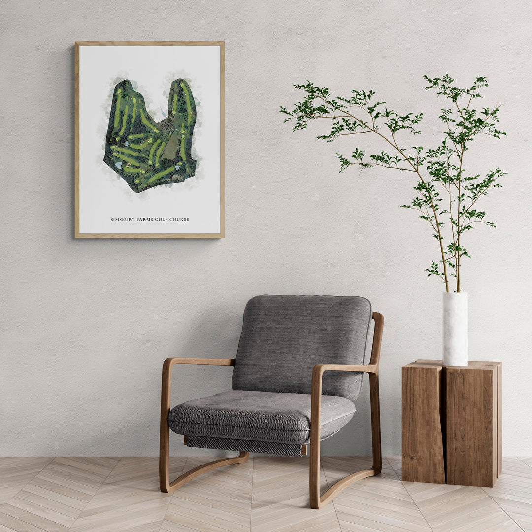 Classic Map of Simsbury Farms Golf Course with a comfy armchair and large plant
