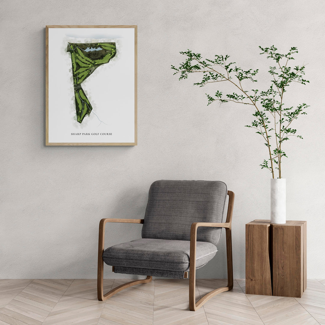Classic Map of Sharp Park Golf Course with a comfy armchair and large plant
