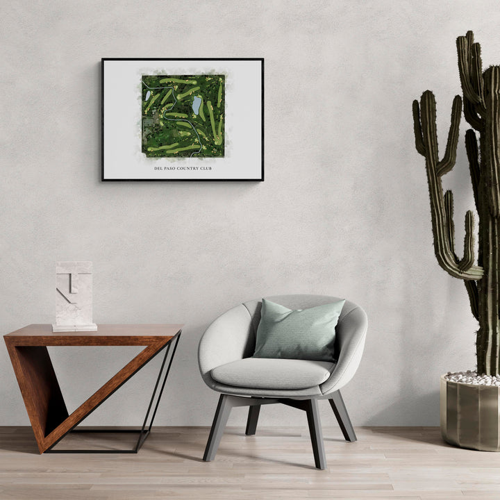 Classic Map of Del Paso Country Club in a living room with large cactus plant