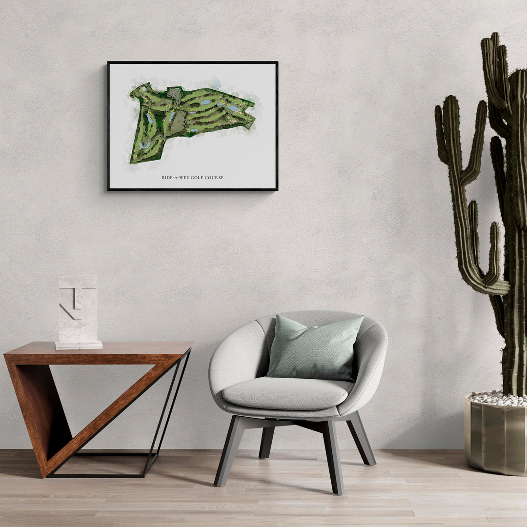 Classic Map of Bide-A-Wee Golf Course in a living room with large cactus plant