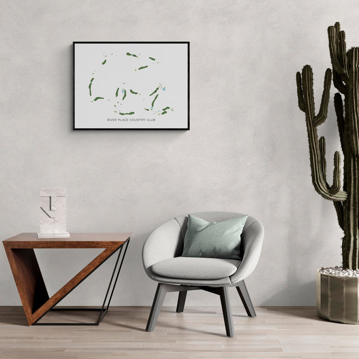 Modern Map of River Place Country Club in a living room with large cactus plant