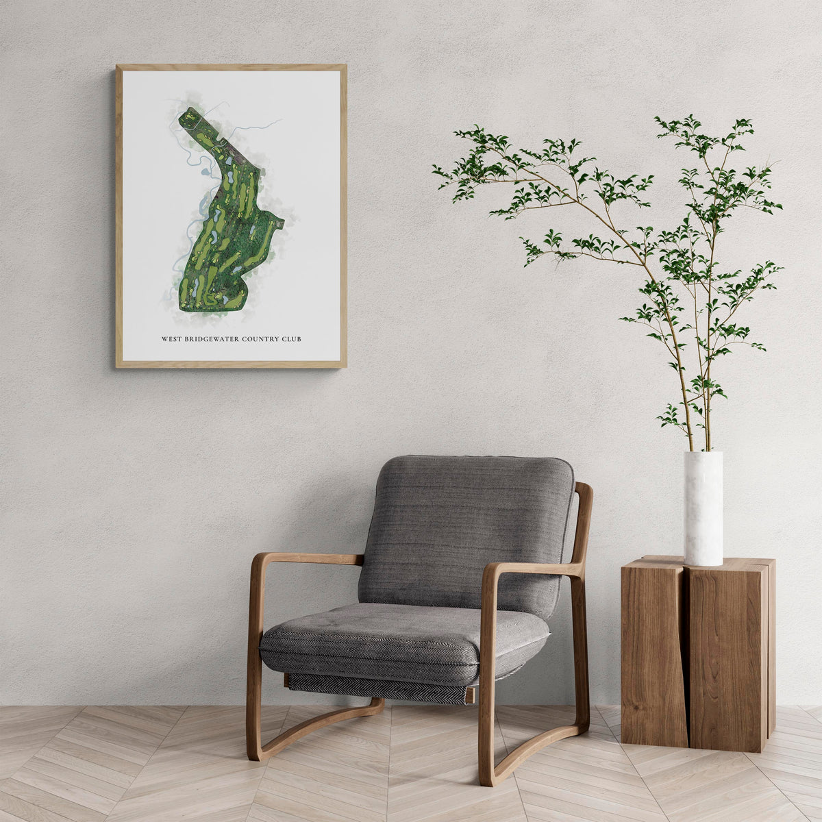 Classic Map of West Bridgewater Country Club with a comfy armchair and large plant