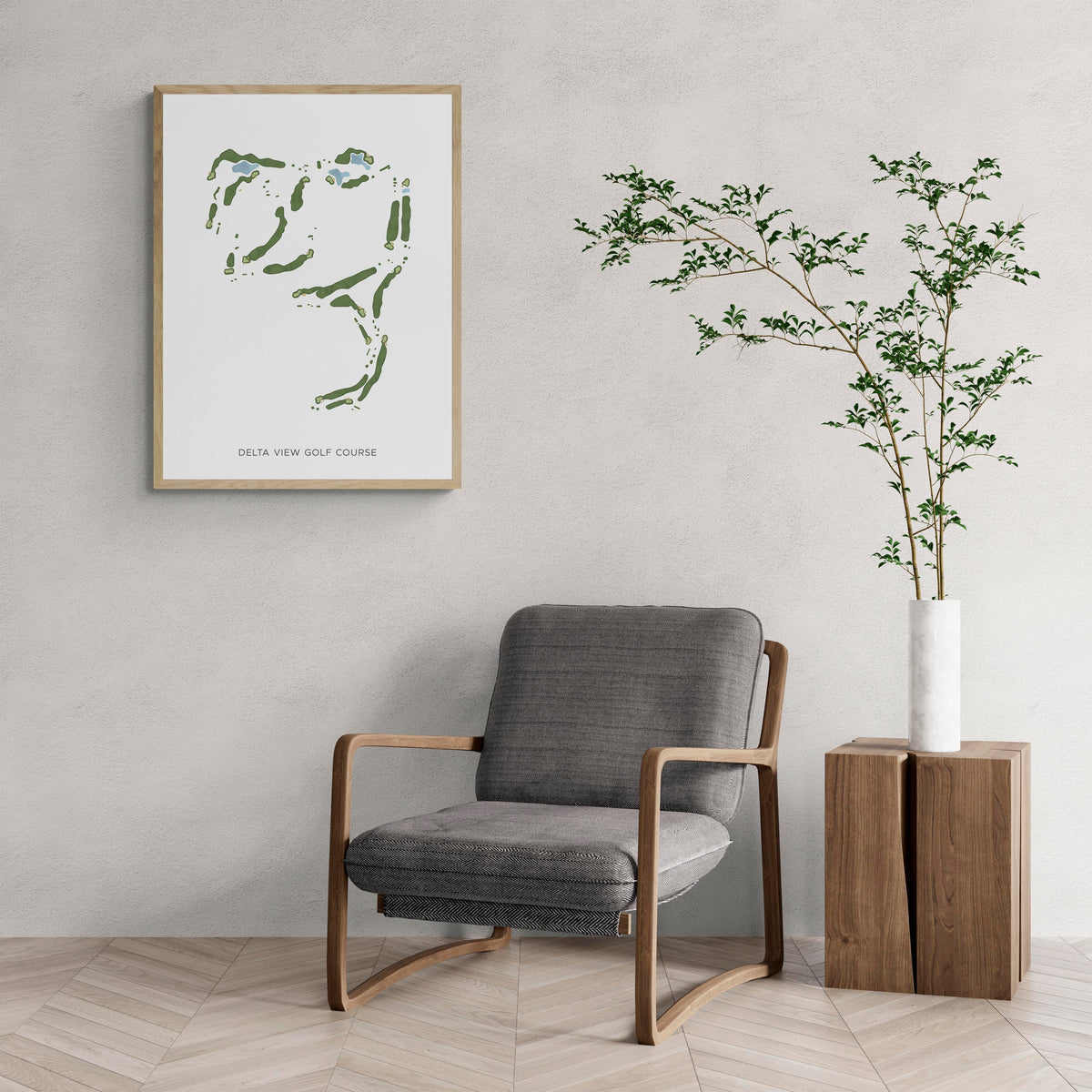 Modern Map of Delta View Golf Course with a comfy armchair and large plant