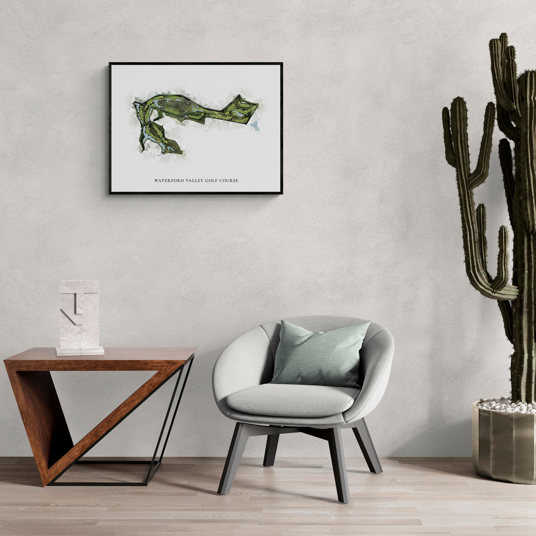 Classic Map of Waterford Valley Golf Course in a living room with large cactus plant