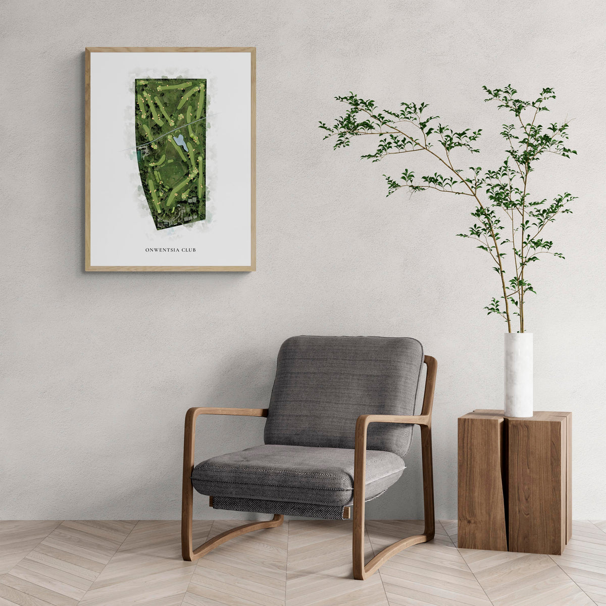 Classic Map of Onwentsia Club with a comfy armchair and large plant