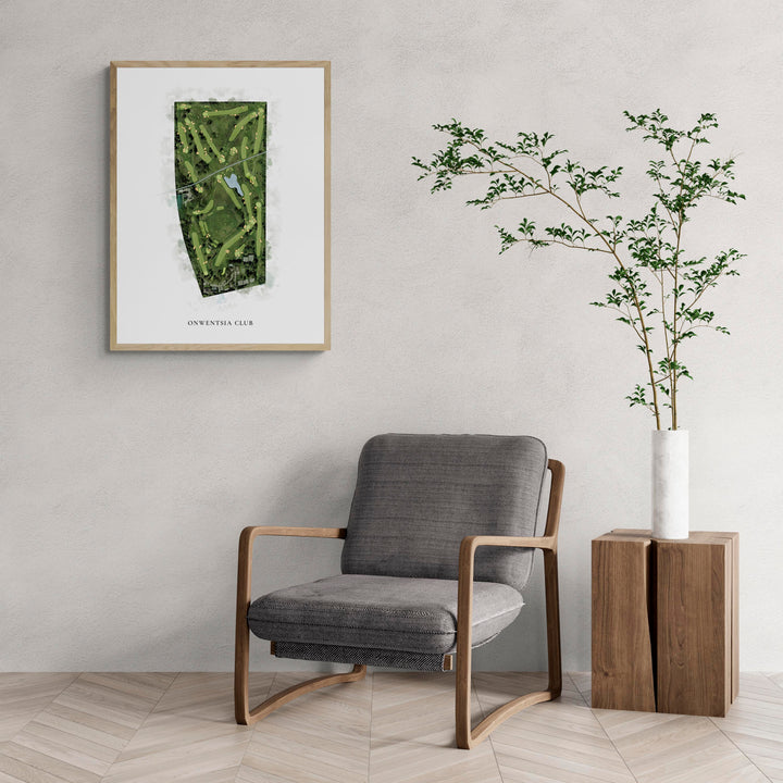 Classic Map of Onwentsia Club with a comfy armchair and large plant