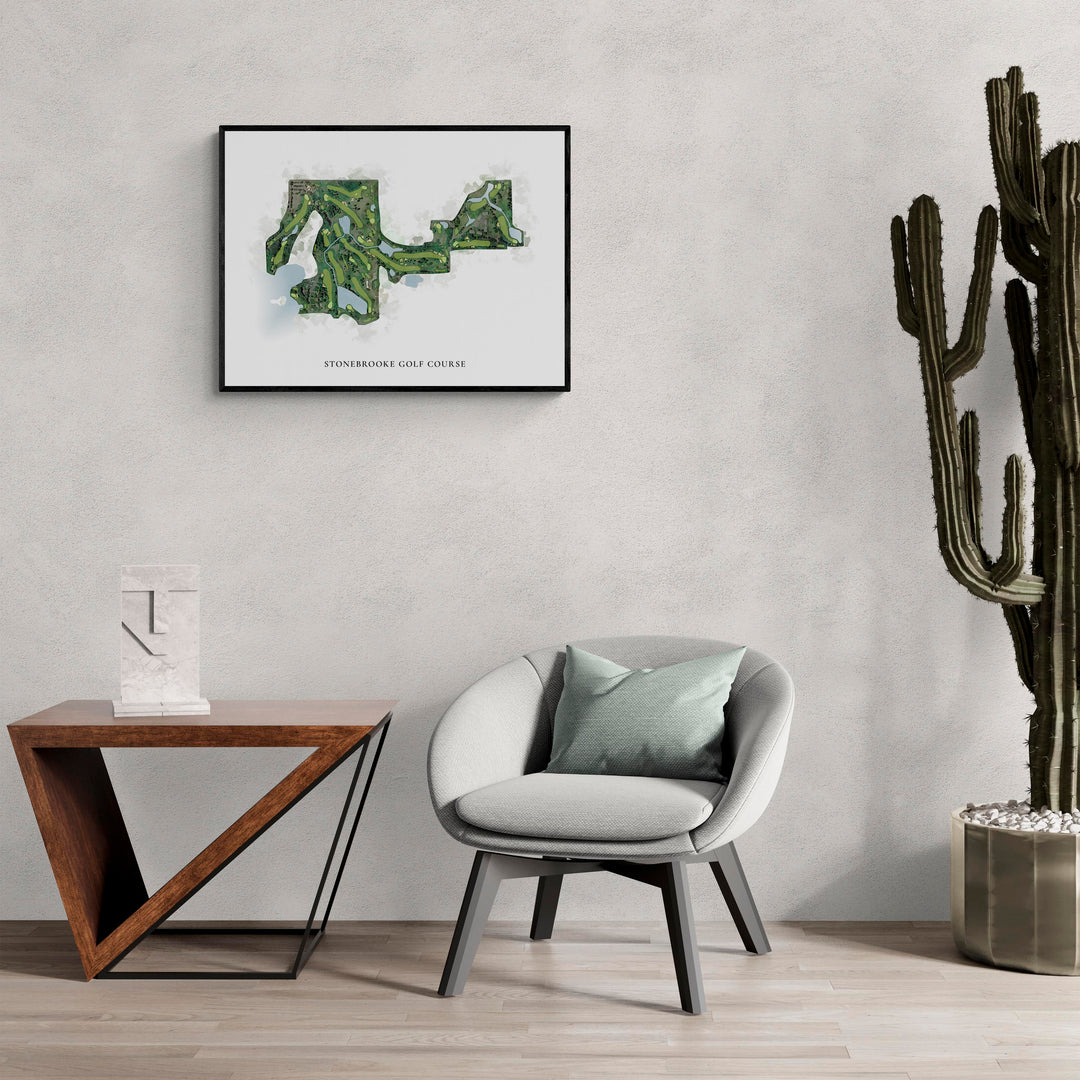 Classic Map of Stonebrooke Golf Course in a living room with large cactus plant