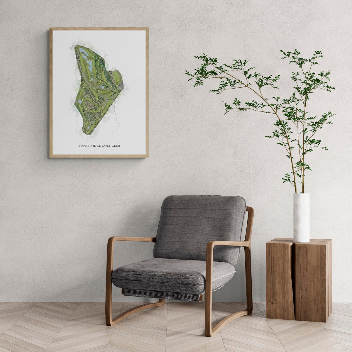 Classic Map of Stone Ridge Golf Club with a comfy armchair and large plant