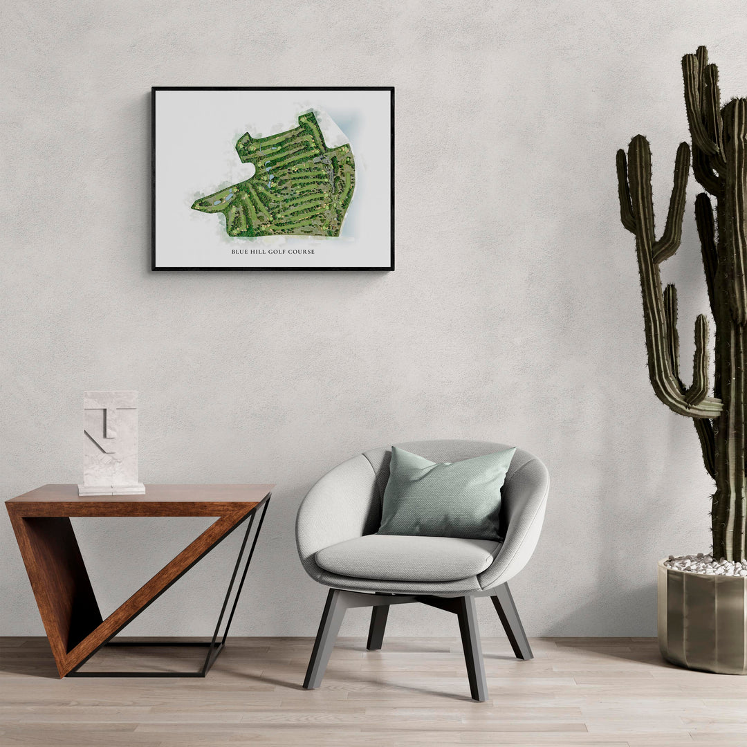 Classic Map of Blue Hill Golf Course in a living room with large cactus plant