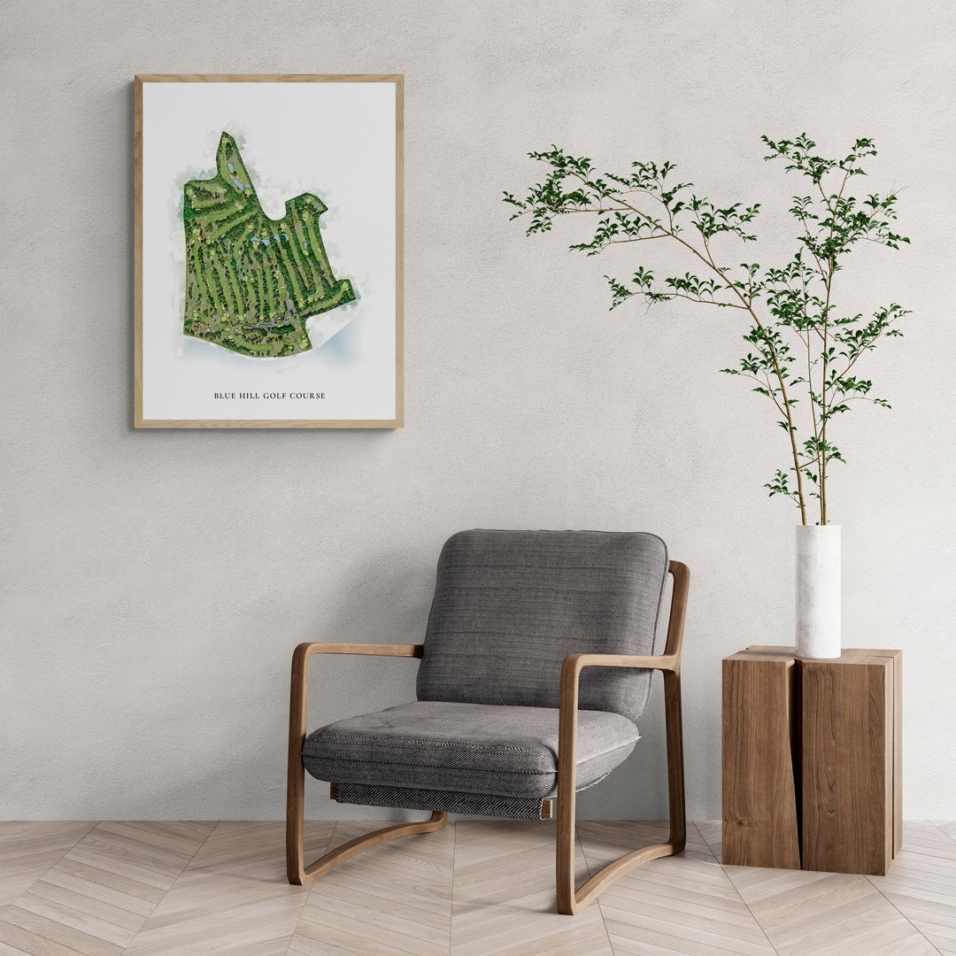 Classic Map of Blue Hill Golf Course with a comfy armchair and large plant