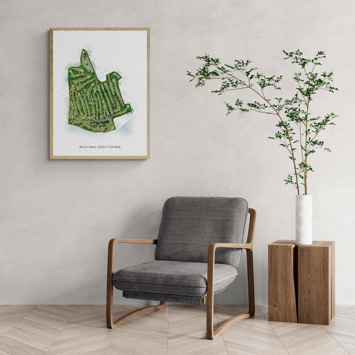 Classic Map of Blue Hill Golf Course with a comfy armchair and large plant