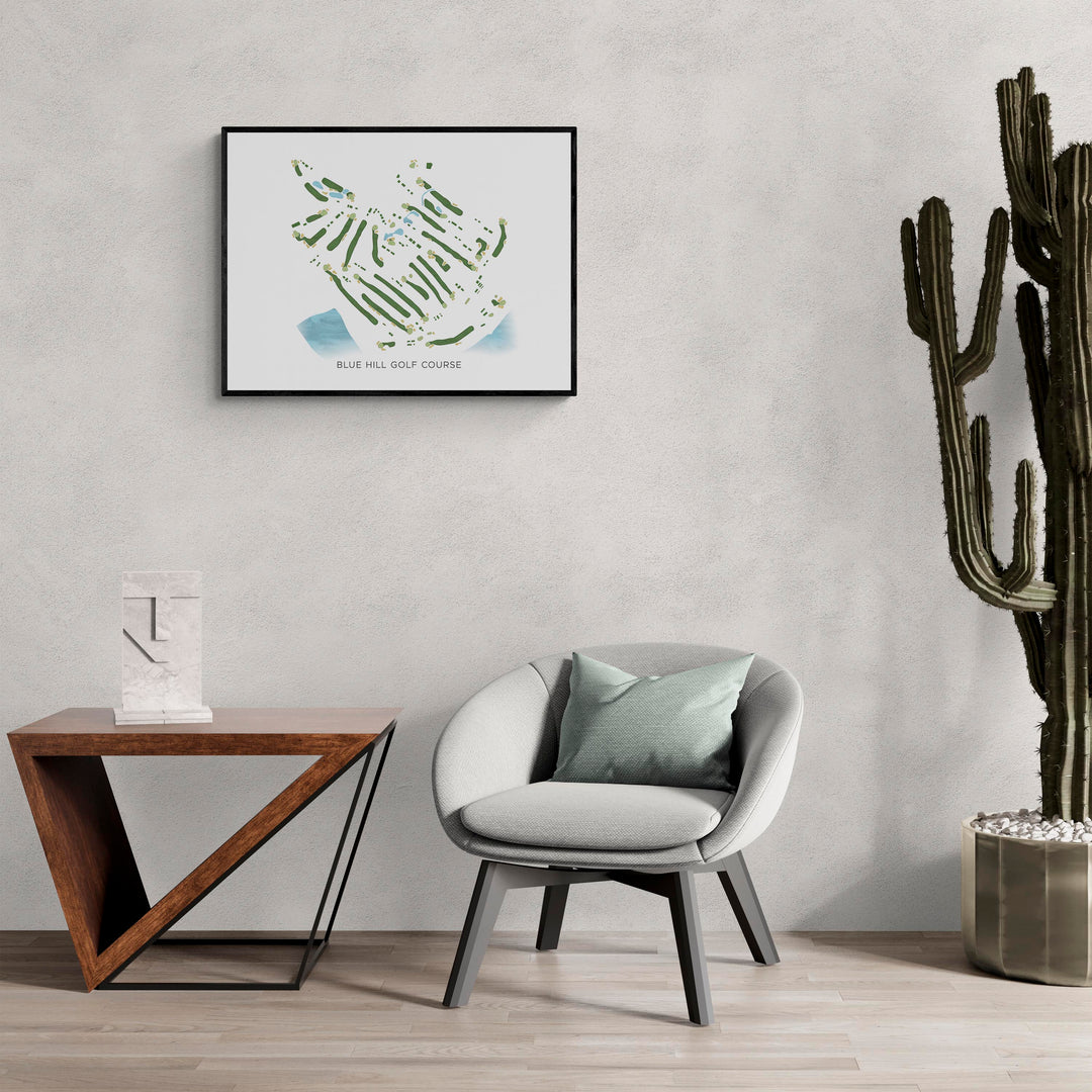 Modern Map of Blue Hill Golf Course in a living room with large cactus plant